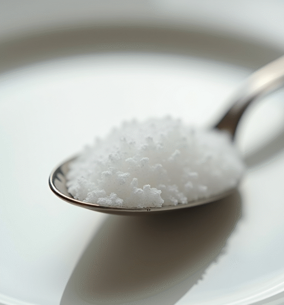 Cuillère en métal brillant avec sucre blanc fin en gros plan