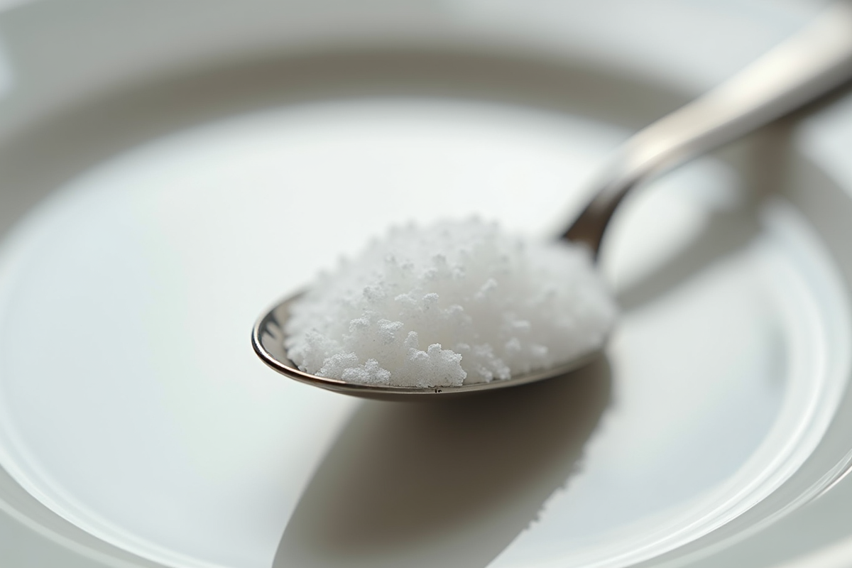 Cuillère en métal brillant avec sucre blanc fin en gros plan