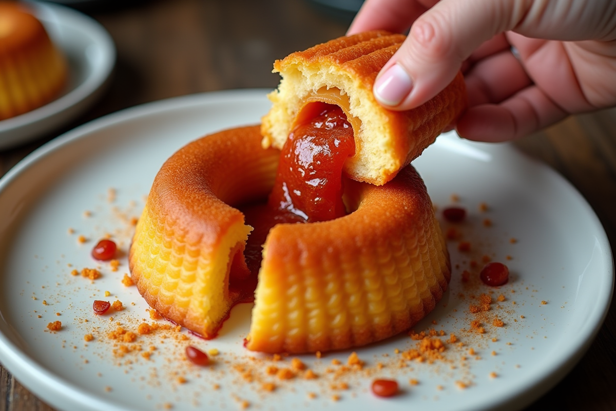 Main cassant un cannelé pour voir le chorizo épicé à l intérieur