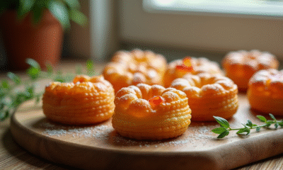 Cannelés croustillants avec morceaux de chorizo dorés sur une planche en bois