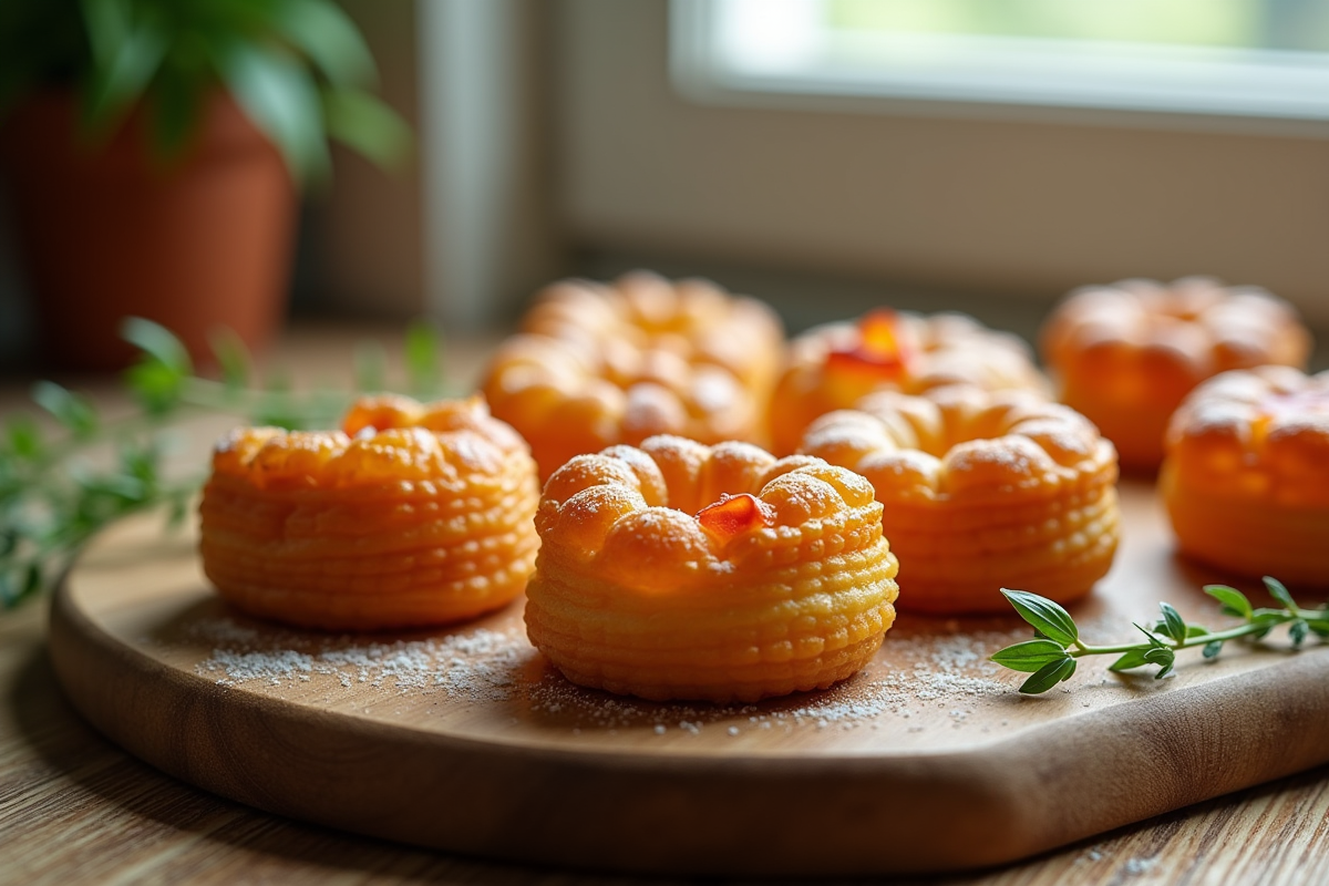 Cannelés croustillants avec morceaux de chorizo dorés sur une planche en bois