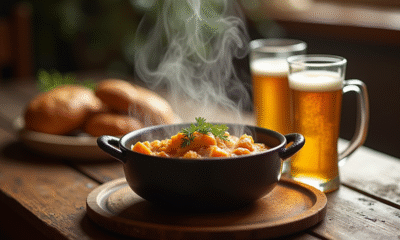 Bol de carbonade flamande sur table en bois rustique
