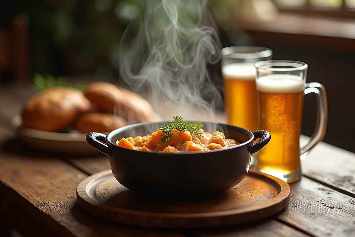 Bol de carbonade flamande sur table en bois rustique