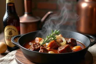 Cocotte en fonte fumante remplie de carbonnade flamande mijotée à la bière brune, posée sur une table rustique d'estaminet ch'ti avec une bouteille de bière artisanale