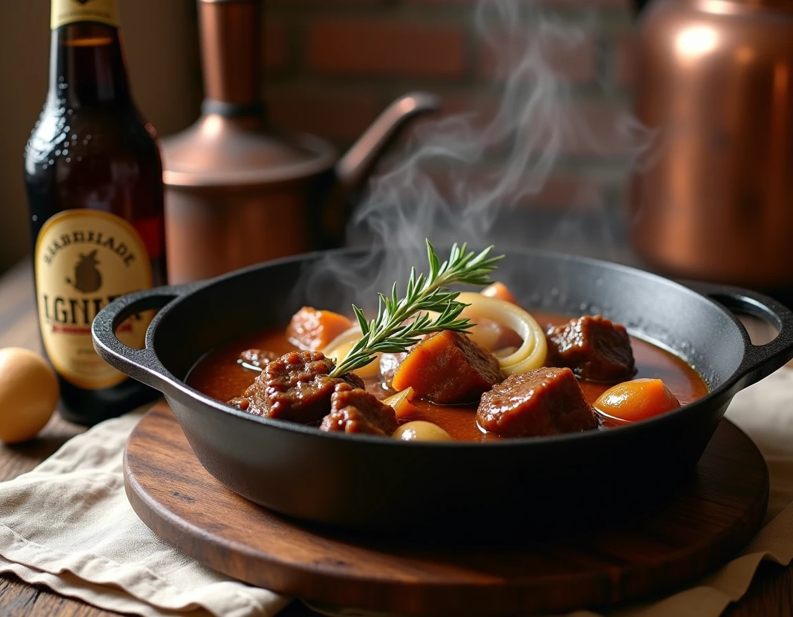Cocotte en fonte fumante remplie de carbonnade flamande mijotée à la bière brune, posée sur une table rustique d'estaminet ch'ti avec une bouteille de bière artisanale