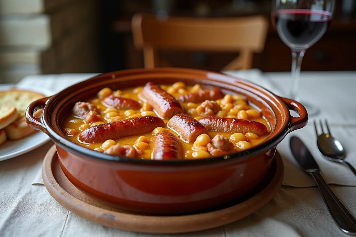 Gros plan sur un cassoulet toulousain dans une terracotta