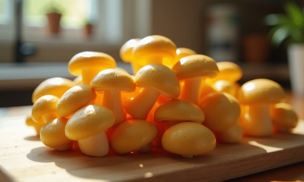Champignons chanterelle frais sur planche en bois lumineux