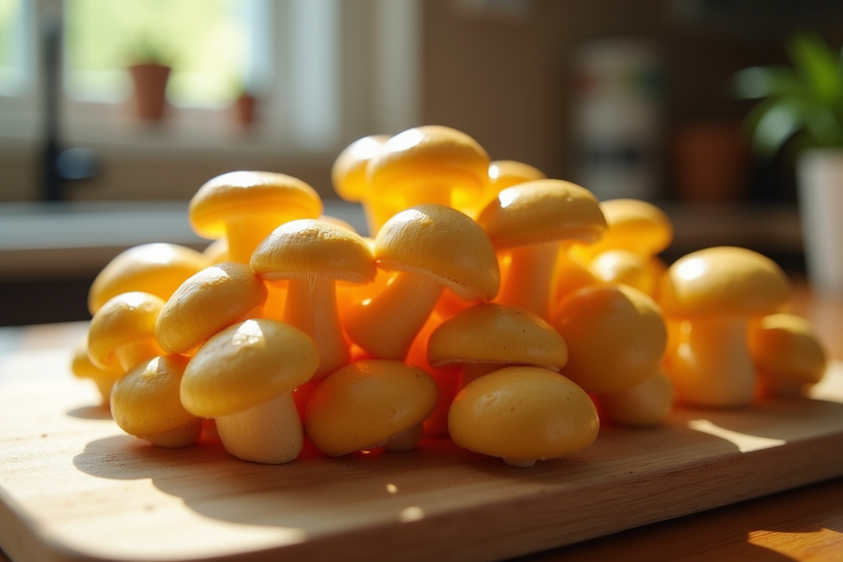 Champignons chanterelle frais sur planche en bois lumineux