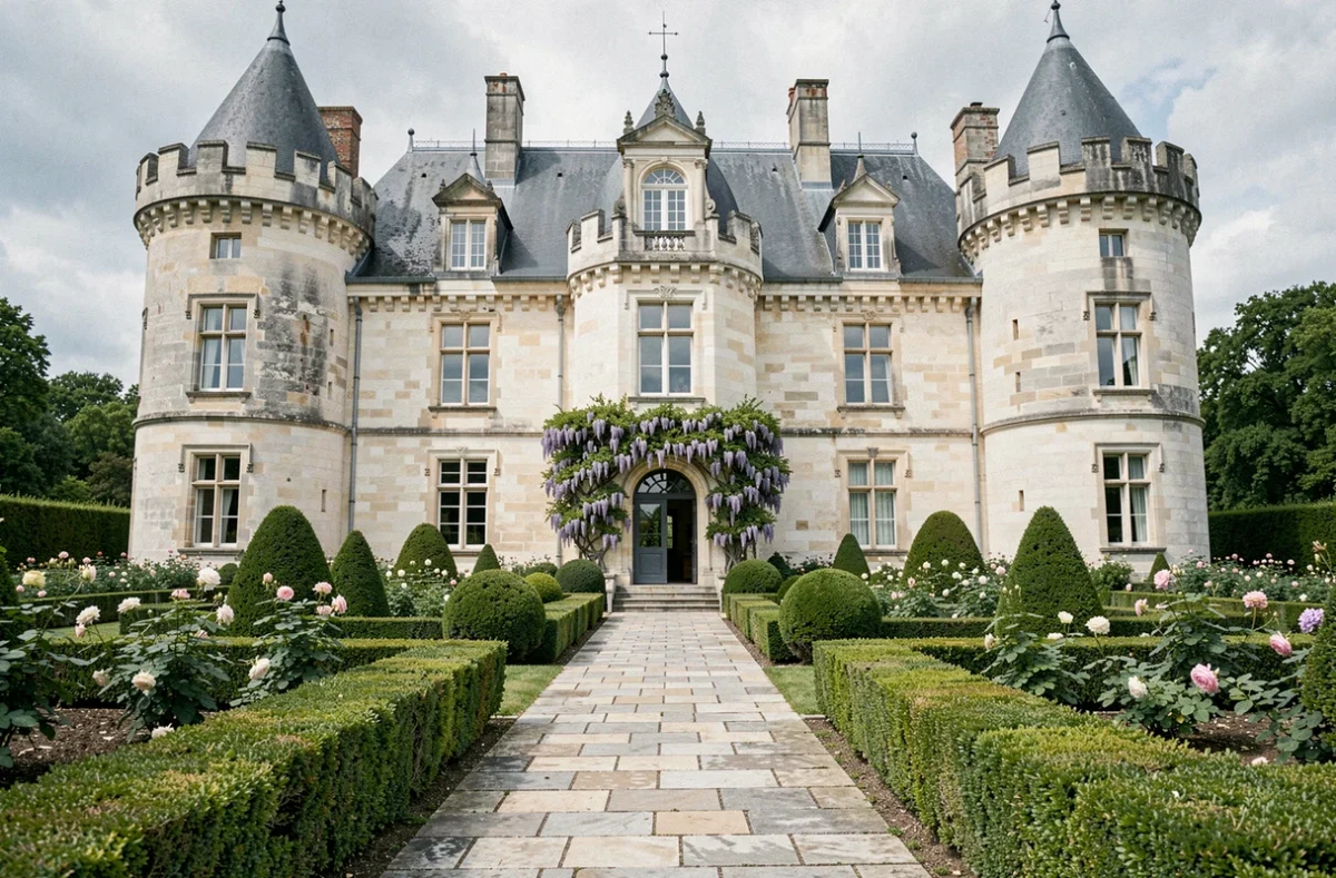 Façade Renaissance du Château de Pray à Amboise entourée de jardins à la française et de rosiers grimpants