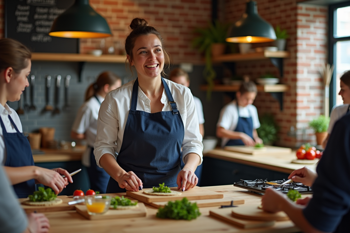 Femme chef souriante avec étudiants en atelier cuisine