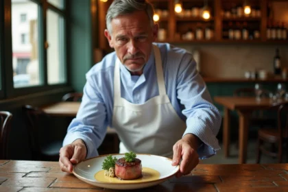 Chef français en tablier sert filet mignon dans un bistrot parisien