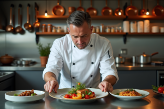 Chef masculin en cuisine professionnelle concentré sur son plat
