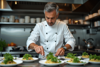 Chef en cuisine moderne arrangeant des herbes fraîches sur des plats