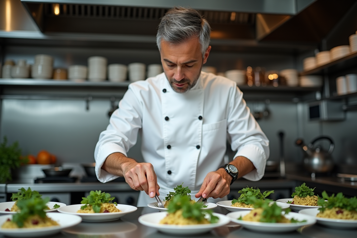 Chef en cuisine moderne arrangeant des herbes fraîches sur des plats