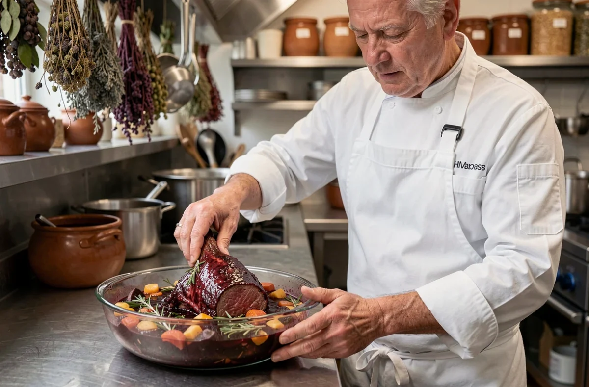 Chef en tablier blanc plongeant un gigot de chevreuil dans une marinade au vin rouge dans une cuisine traditionnelle française