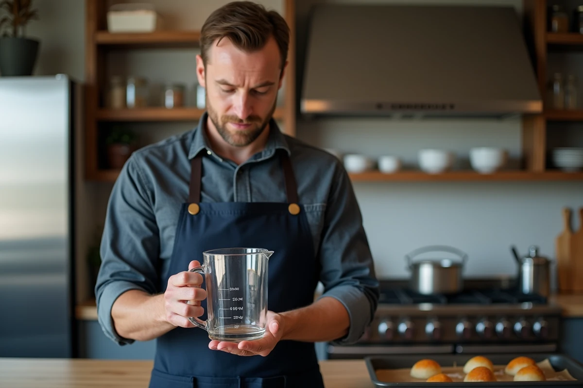 Chef cuisinier tenant un verre doseur de 40 cl dans une cuisine professionnelle pour vérifier les unités de mesure en millilitres et litres