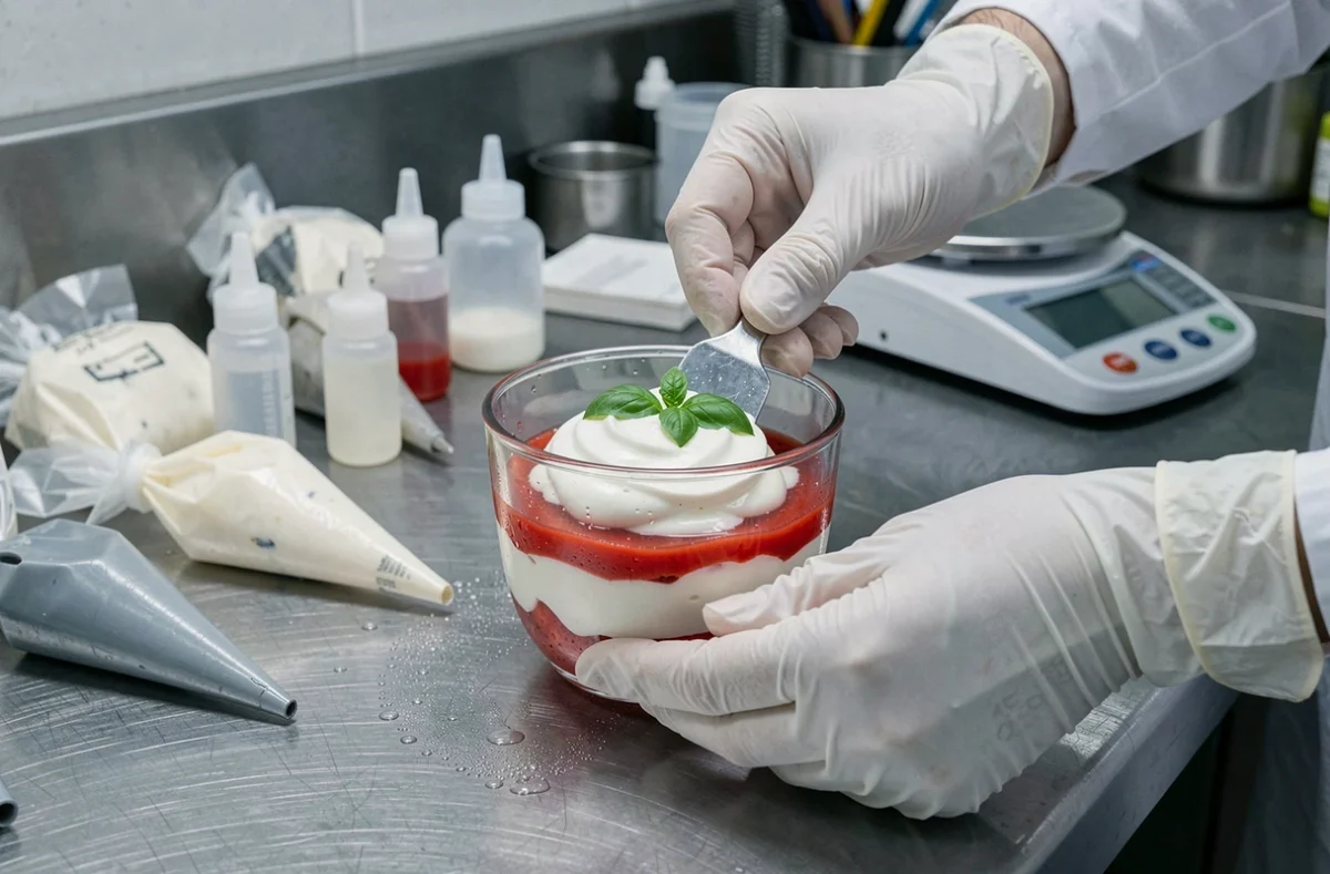 Chef pâtissier assemblant une verrine trompe l'oeil façon caprese sucrée-salée avec spatule et coulis de fraise rouge en poste de travail professionnel