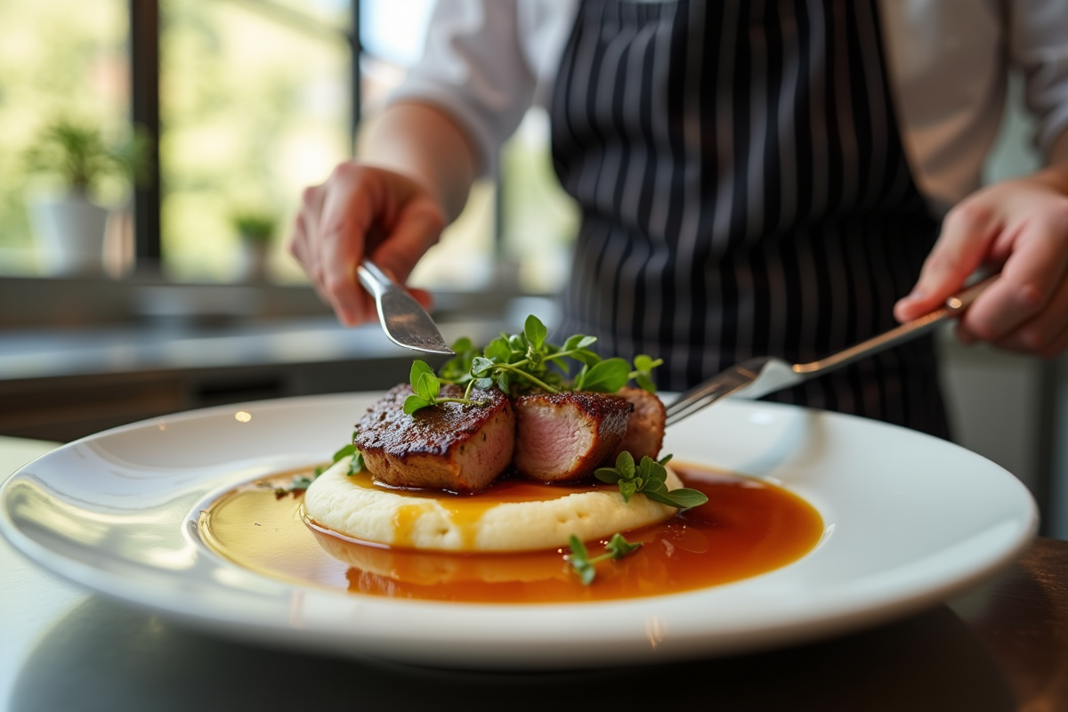 Chef dressant un plat de porc braise avec purée et herbes