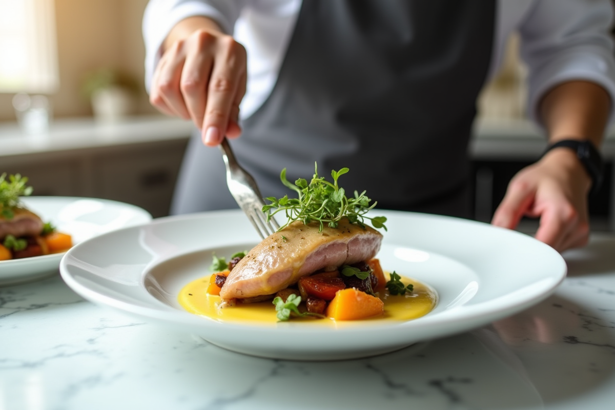 Chef moderne dressant un lapin à la moutarde sur une assiette élégante