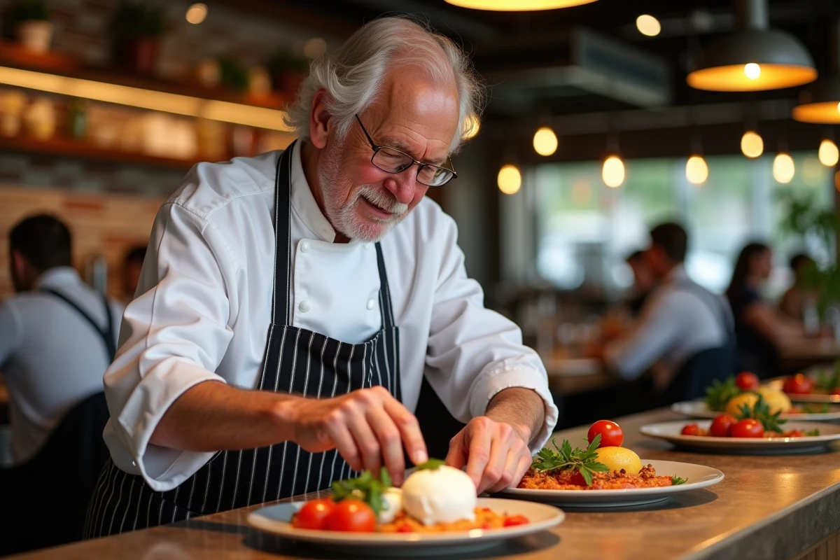 Chef en cuisine préparant burrata et tomates à Ober Mamma