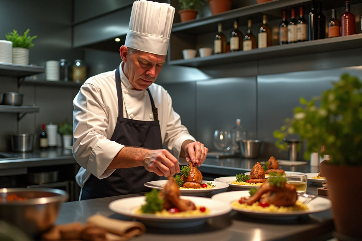 Chef français en cuisine préparant un coq au vin dans un restaurant