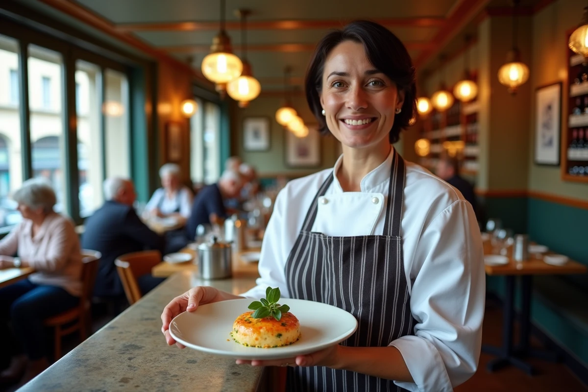 Chef présentant une quenelle végétarienne dans un bouchon lyonnais