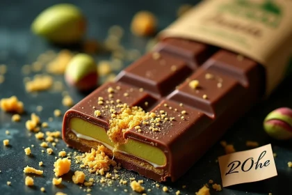 Chocolat Dubaï coupé en deux révélant sa garniture pistache et kunafa sur marbre noir avec étiquette de prix