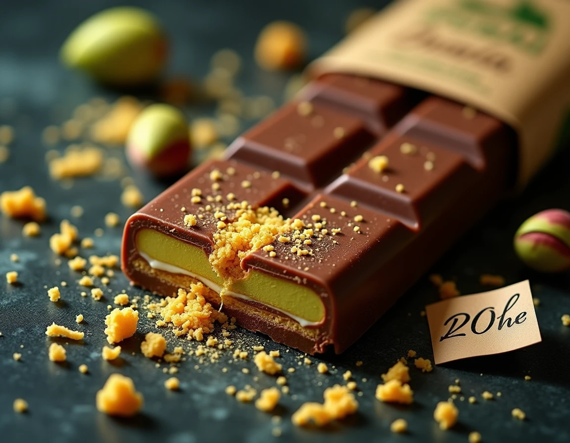 Chocolat Dubaï coupé en deux révélant sa garniture pistache et kunafa sur marbre noir avec étiquette de prix