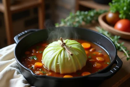Chou farci aubrac maison dans une cocotte en fonte avec bouillon et légumes racines sur une table rustique en bois