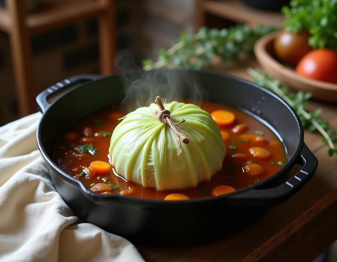 Chou farci aubrac maison dans une cocotte en fonte avec bouillon et légumes racines sur une table rustique en bois