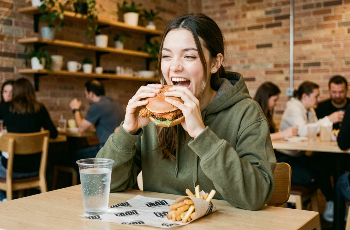 Jeune femme dégustant un sandwich poulet frit dans un restaurant urbain tendance, expérience client Pepe Chicken Fastgood Cuisine