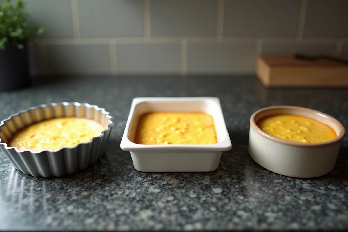 Comparaison de trois moules à quiche différents avec appareil cru sur un plan de travail en granit
