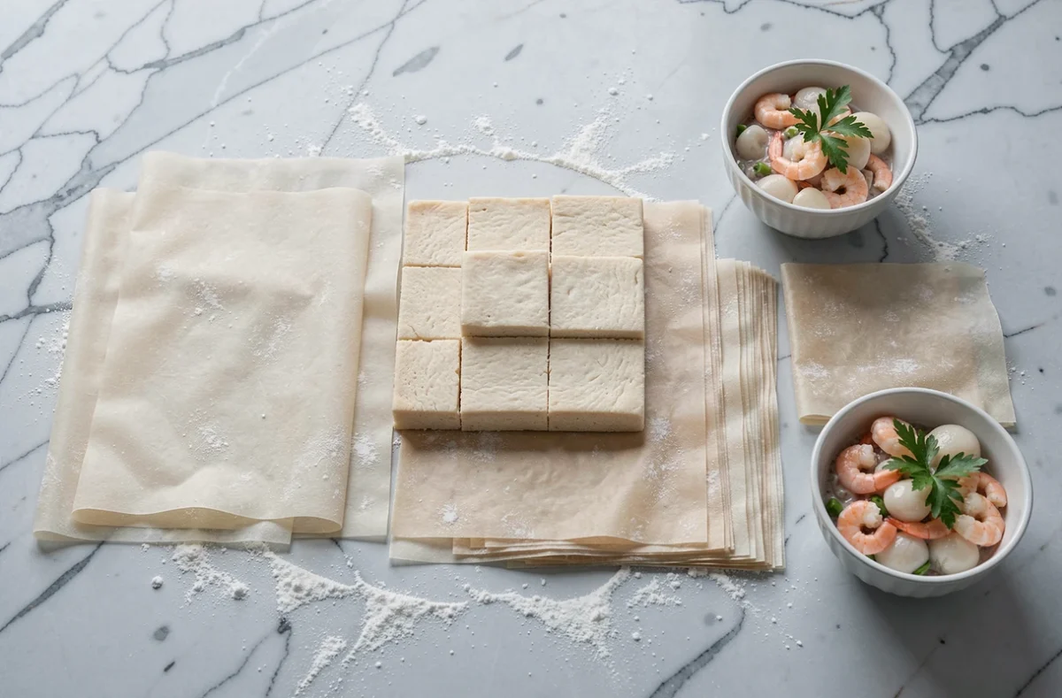 Comparaison de différentes pâtes pour pastilla sur marbre fariné, avec garniture aux fruits de mer et herbes fraîches