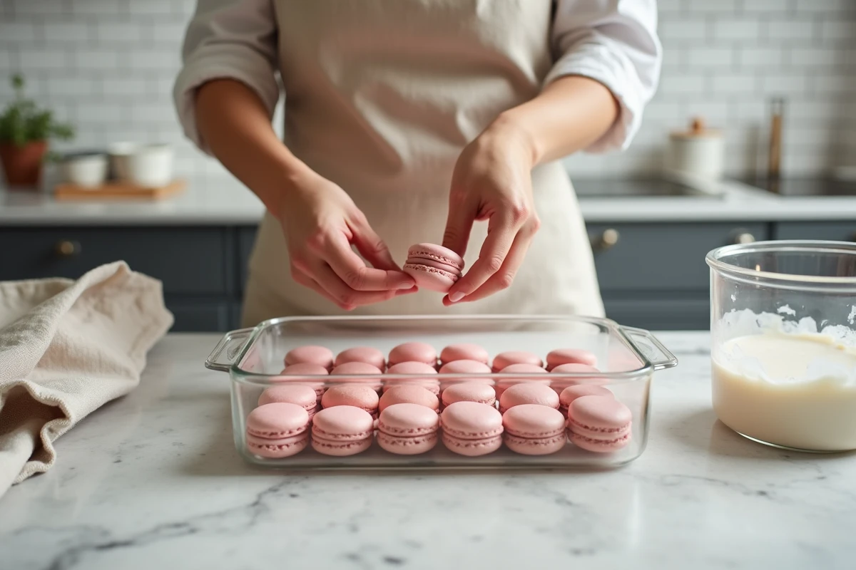 Conservation de coques de macarons vides dans une boîte hermétique en verre lors d'une session de batch cooking organisée