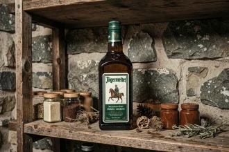Bouteille de Jägermeister conservée sur une étagère en bois dans une cave à spiritueux avec des herbes séchées