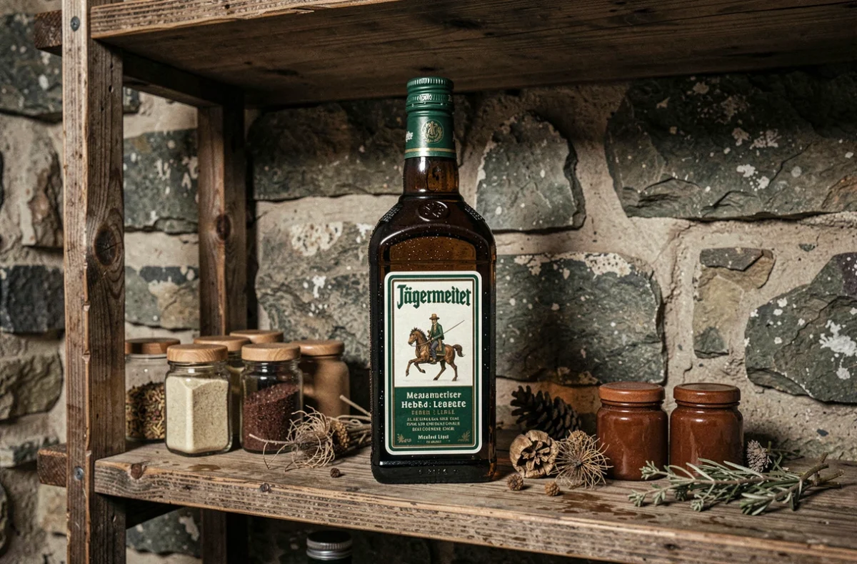 Bouteille de Jägermeister conservée sur une étagère en bois dans une cave à spiritueux avec des herbes séchées
