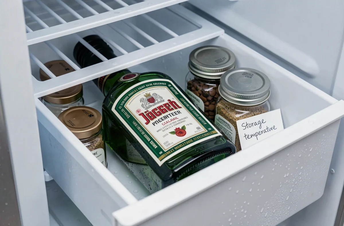 Bouteille de Jägermeister conservée horizontalement dans un tiroir de réfrigérateur bien organisé