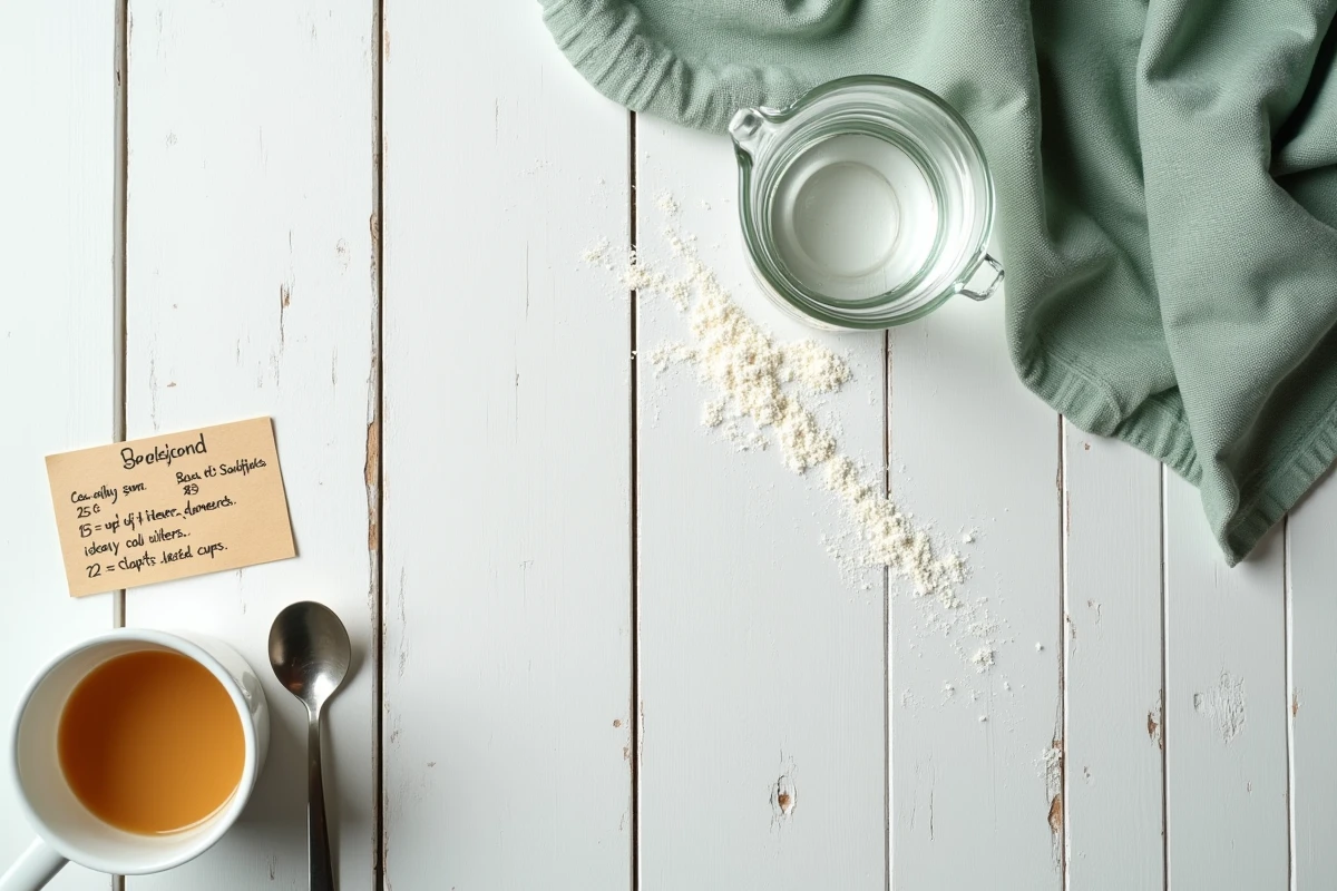 Vue de dessus d'un verre doseur à 25 cl entouré d'une tasse, d'une cuillère et d'une fiche de conversion de mesures culinaires sur une table en bois blanc