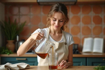 Femme mesurant 40 cl de liquide dans un verre doseur en cuisine avec des ustensiles de mesure variés sur un plan de travail en bois