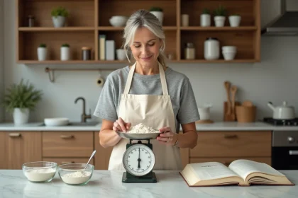 Femme mesurant des ingrédients en grammes sur une balance de cuisine pour adapter une recette étrangère