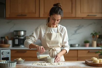 Femme versant une quantité mesurée de liquide dans un moule à gâteau sur un plan de travail en marbre avec balance de cuisine et ramequins