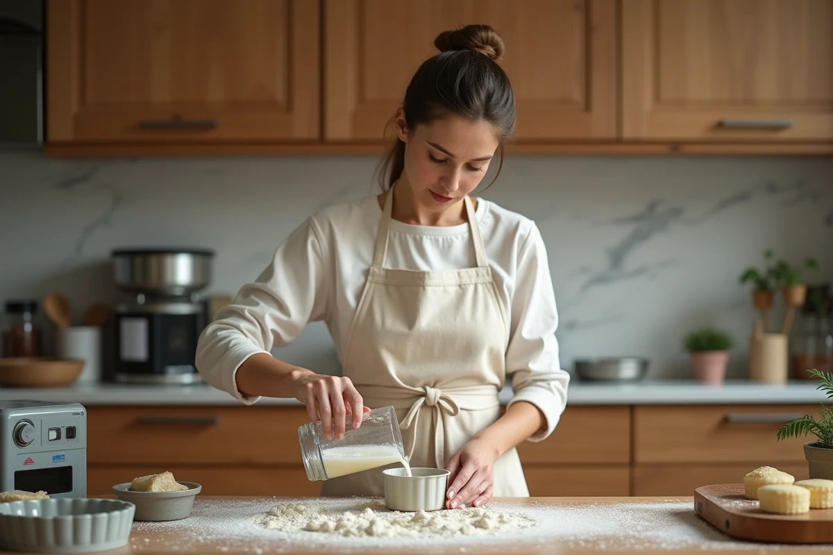 Femme versant une quantité mesurée de liquide dans un moule à gâteau sur un plan de travail en marbre avec balance de cuisine et ramequins