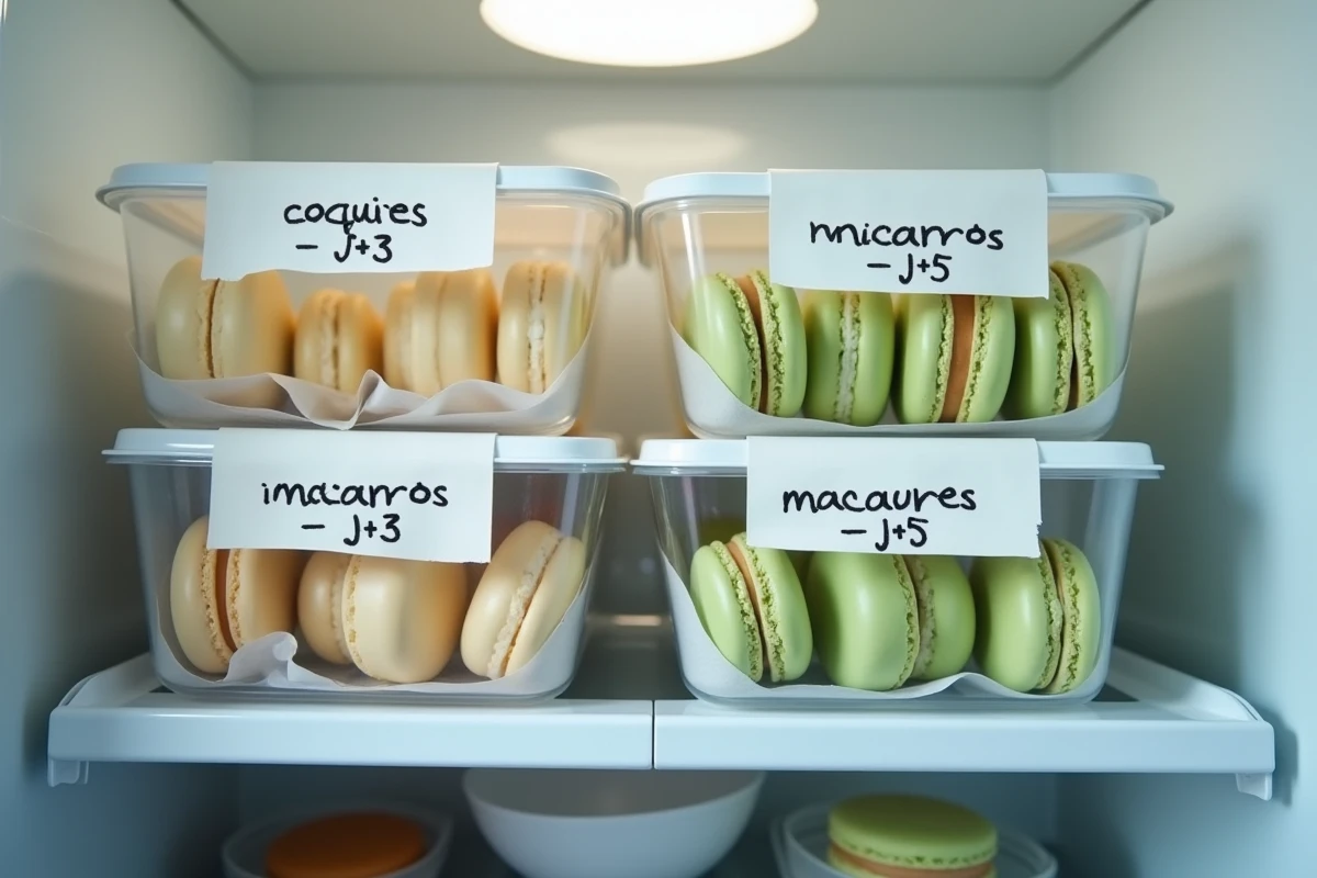 Boîtes de coques de macarons étiquetées et empilées dans un réfrigérateur pour une conservation organisée sur plusieurs jours