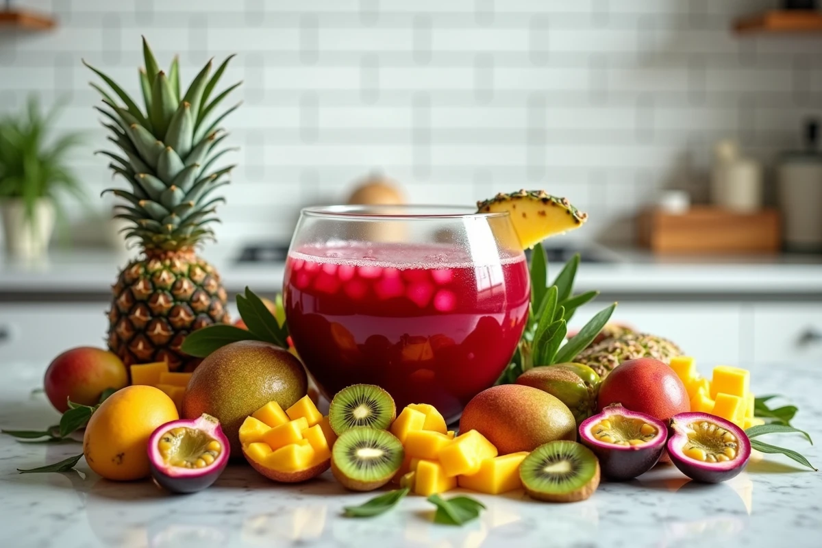 Grande coupe de punch exotique rouge entourée de fruits tropicaux frais sur un plan de travail en marbre blanc