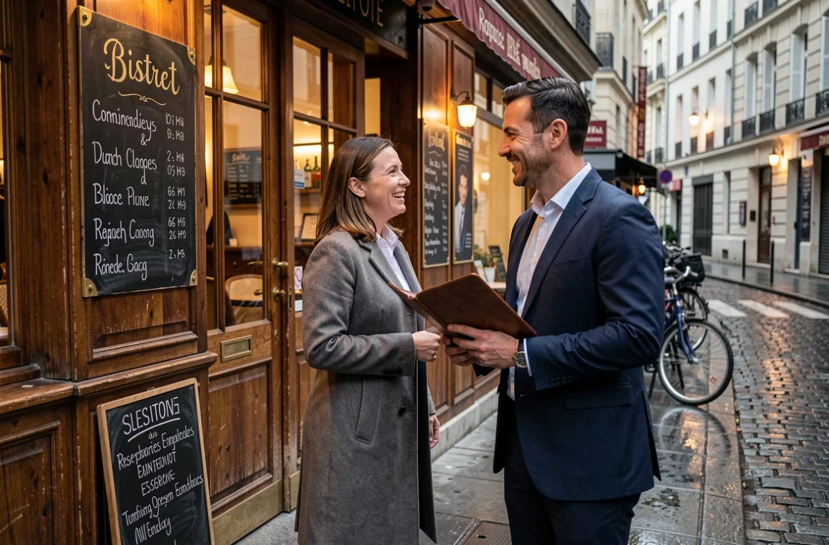 Couple arrivant à l'entrée d'un bistrot parisien le soir pour leur réservation