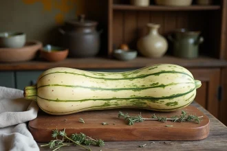 Courge longue de Nice entière posée sur une planche en bois rustique dans une cuisine provençale avec herbes et huile d'olive