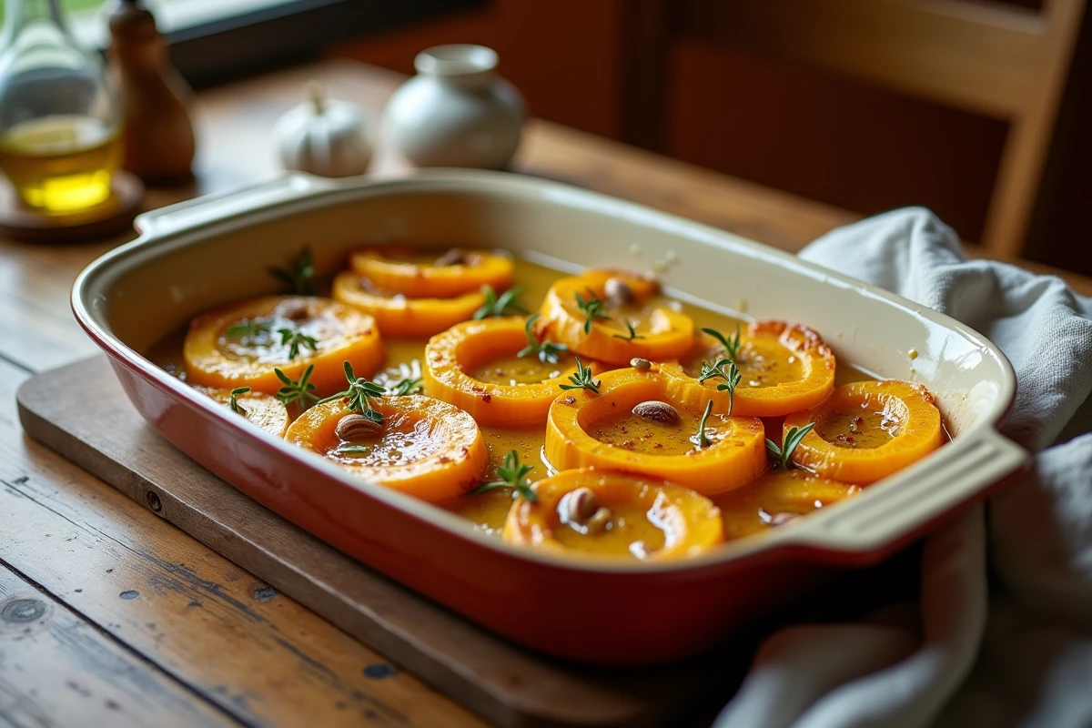 Plat de courge longue de Nice rôtie au four avec ail, thym et huile d'olive sur table provençale