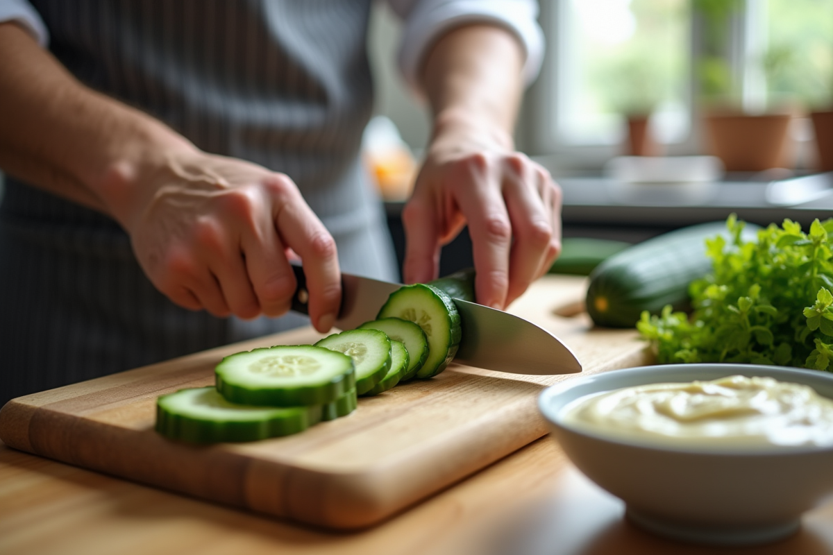 Cuisinier tranchant un concombre sur planche en bois