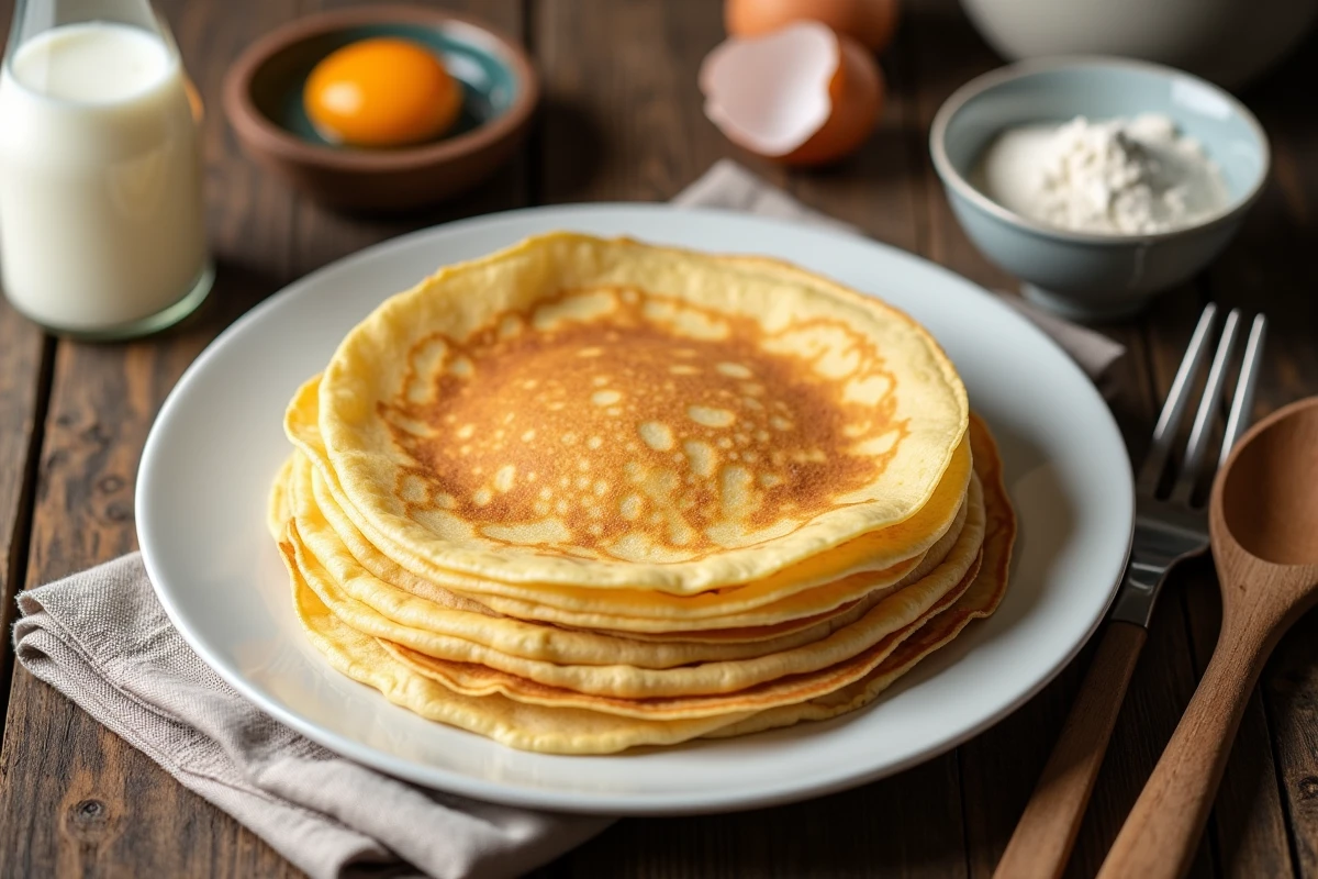 Pile de crêpes dorées réussies sur une assiette blanche avec les ingrédients de la recette, farine lait et œuf, sur une table en bois