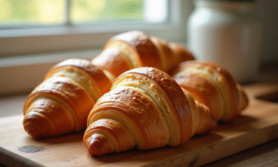 Croissants au beurre dorés sur planche en bois naturel